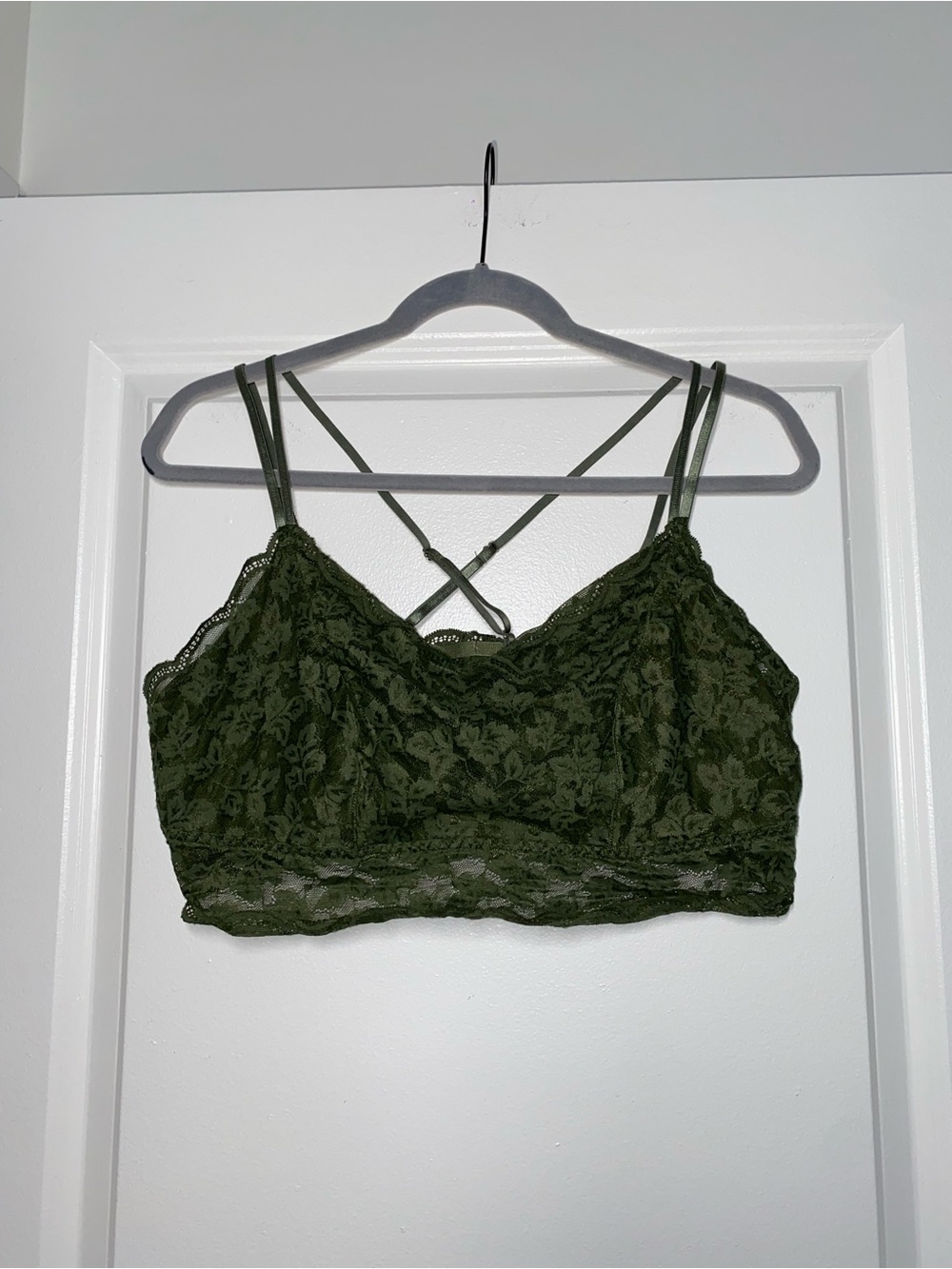 Olive Green Lace Bralette with Crisscross Back